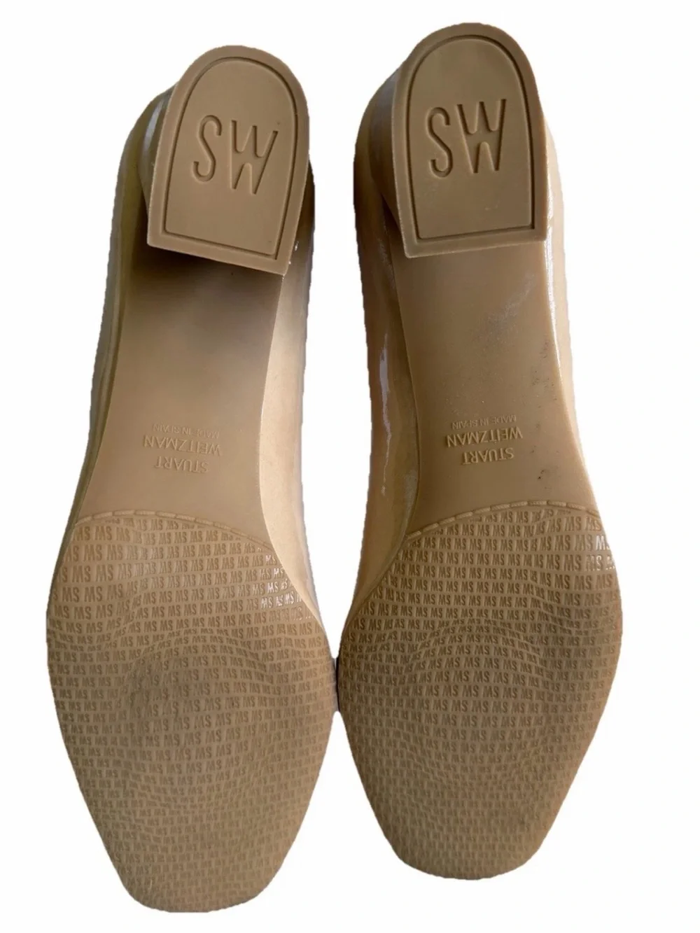Stuart Weitzman Beige Nude Patent Leather Square Toe Block Heel Pumps Sz 11.5M